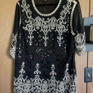 Simply Couture Black 3/4 Sleeve Embroidered/ Sequined Detail Tunic/Mini Dress